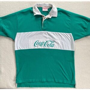 Coca-Cola Rugby Shirt Mens Large Green Vintage 1991 Short Sleeve Polo Logo
